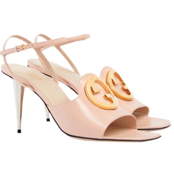 Gucci Blondie Leather Light Pink Sandal 85mm 38.5 Gold Interlocking G - Picture 1 of 8